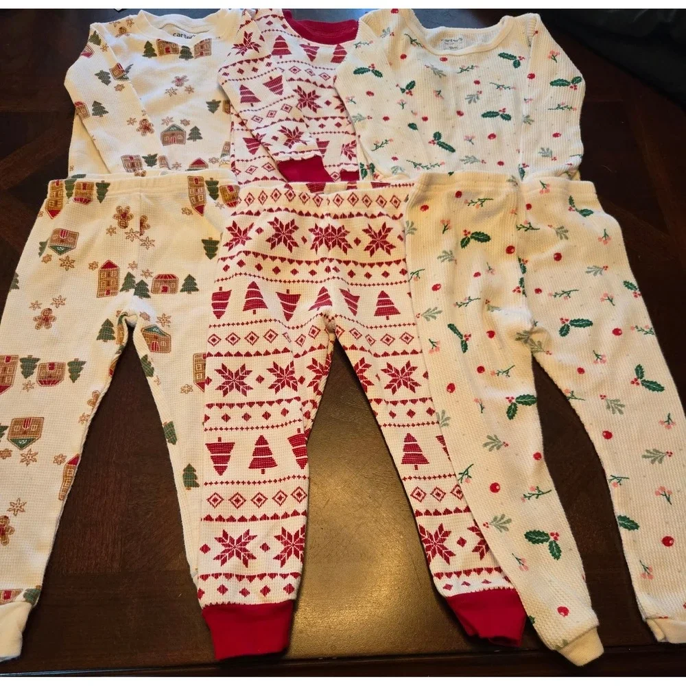 Carters Child of Mine 18M Christmas Pajamas Thermal Waffle Knit 3 Sets 6pc Lot